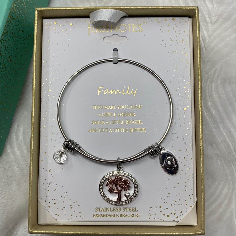 FootNotes Family Love Tree of Life Expandable Bracelet Stainless Steel Gift Box